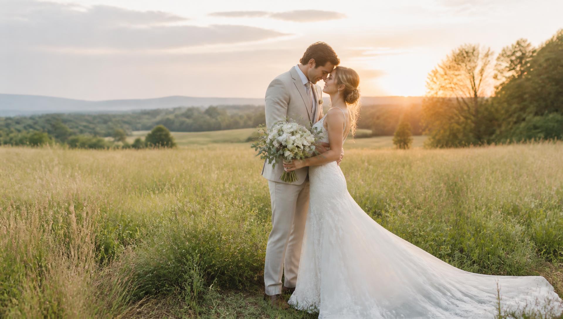 Bride and groom embracing in a golden-hour Missouri field